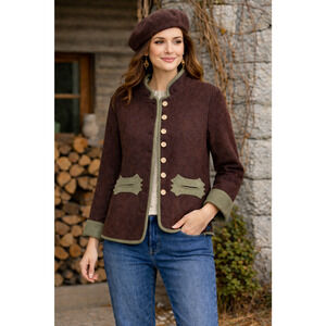 MISSLOOK Fleece Alpine Tyrolean Folk Jacket Brown Green Trim Button Front size L